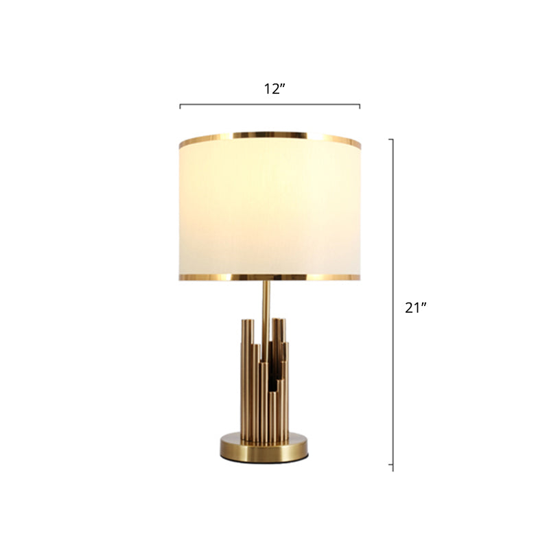 Round Shade Study Room Table Lighting Minimalist Fabric 1-Light Brass Nightstand Lamp