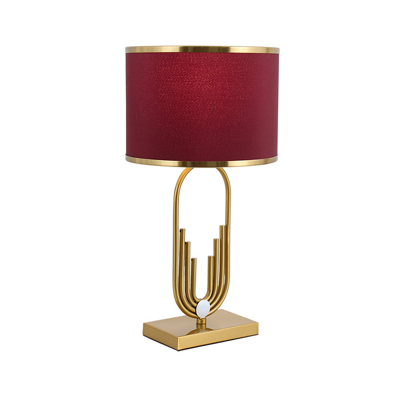 Fabric Drum Nightstand Lamp Simplicity 1 Bulb Bedside Table Lighting in Red for Living Room