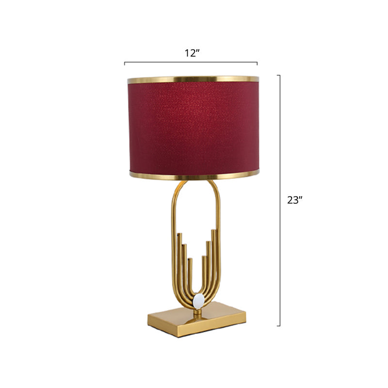 Fabric Drum Nightstand Lamp Simplicity 1 Bulb Bedside Table Lighting in Red for Living Room