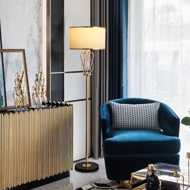 Round Fabric Standing Light Classic Style 1 Head Living Room Floor Lighting in Brass