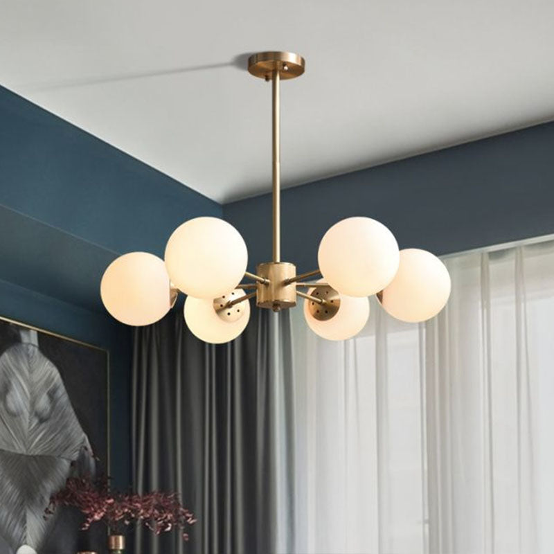 Frosted White Glass Ball Chandelier Minimalist Gold Finish Hanging Ceiling Light for Dining Room
