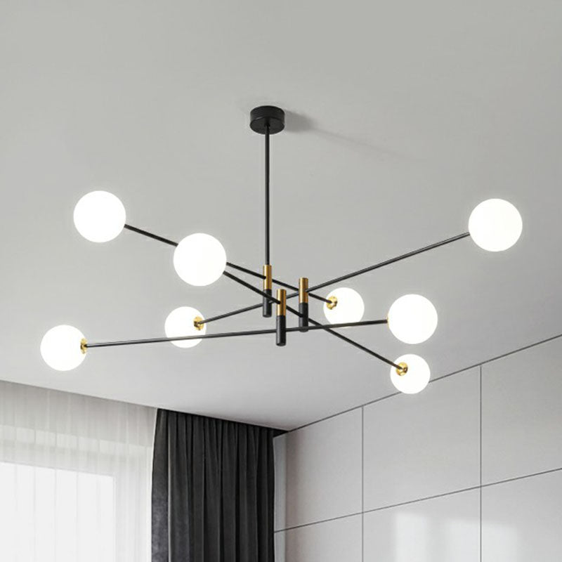 Radial Living Room Hanging Light Opaline Ball Glass Simplicity Chandelier in Black