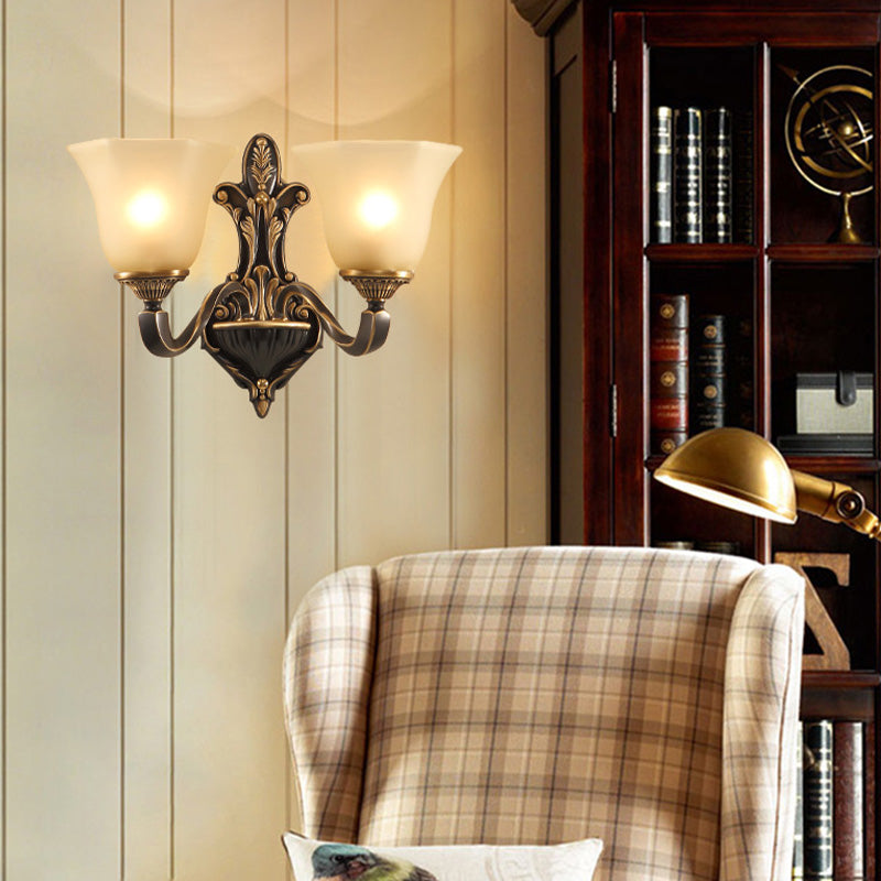 1/2-Light Wall Light Fixture Vintage Porch Wall Sconce with Flared Frosted Glass in Bronze