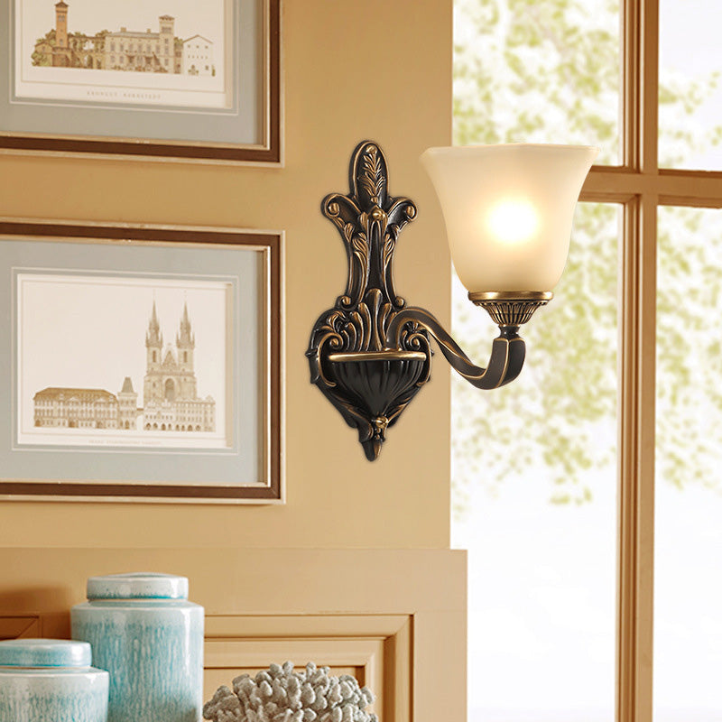 1/2-Light Wall Light Fixture Vintage Porch Wall Sconce with Flared Frosted Glass in Bronze