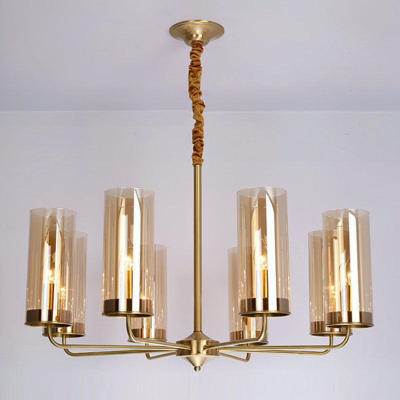 Postmodern Tubular Up Chandelier Glass Living Room Hanging Pendant Light in Brass