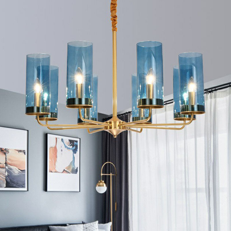 Postmodern Tubular Up Chandelier Glass Living Room Hanging Pendant Light in Brass