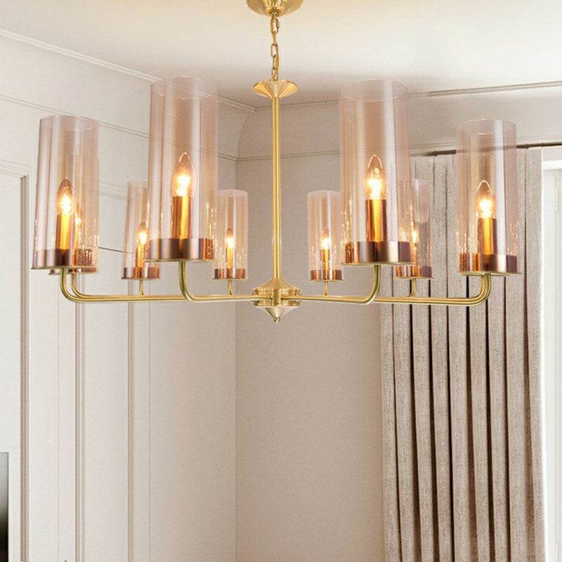 Postmodern Tubular Up Chandelier Glass Living Room Hanging Pendant Light in Brass