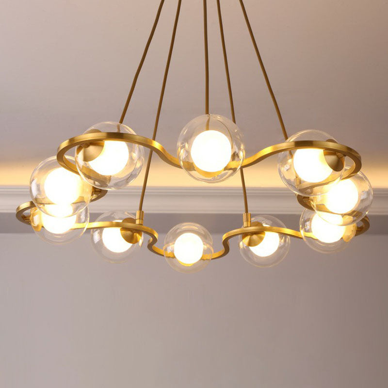 Acabado de latón lámpara de metal moderno en forma de anillo floral con sombra de vidrio de bola