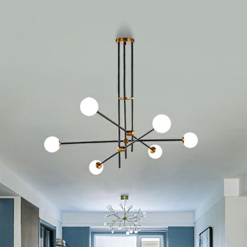 Simplicity Linear Chandelier Metal Living Room Pendant Lighting with Ball White Glass Shade in Black