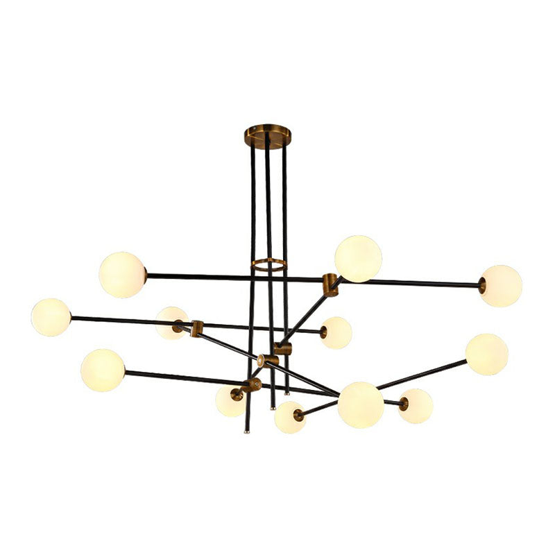 Simplicity Linear Chandelier Metal Living Room Pendant Lighting with Ball White Glass Shade in Black