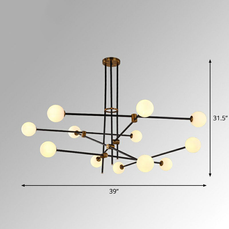 Simplicity Linear Chandelier Metal Living Room Pendant Lighting with Ball White Glass Shade in Black