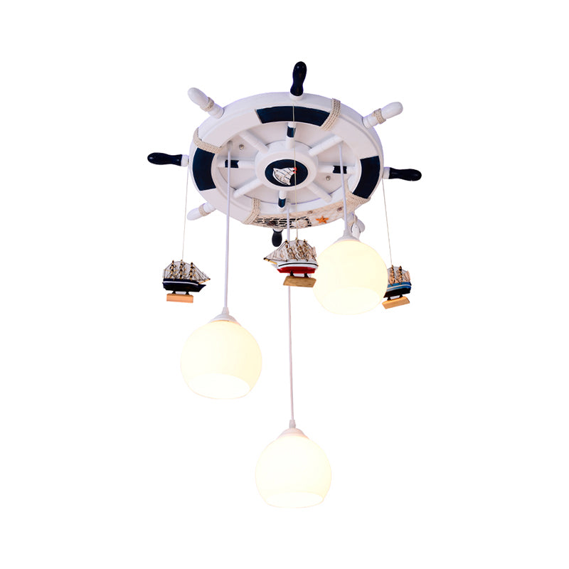 Globe Flush Ceiling Light Cartoon Cream Glass 3 Bulbs Child Room LED Flush Mount Lighting with Rudder Decor