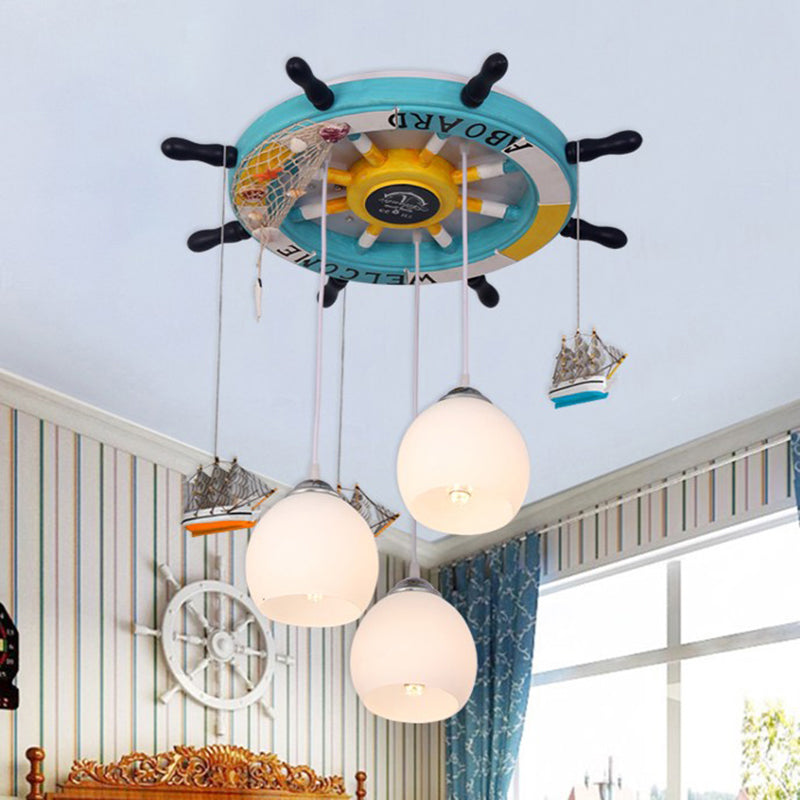 Globe Flush Ceiling Light Cartoon Cream Glass 3 Bulbs Child Room LED Flush Mount Lighting with Rudder Decor