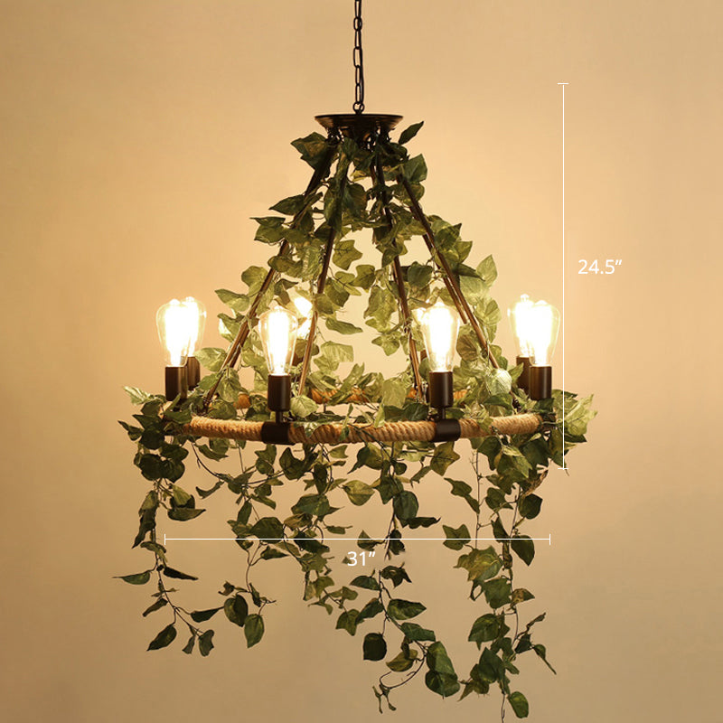 Wagon Wheel Dining Room Hanging Light Farmhouse Metal Chandelier with Plant Decoration