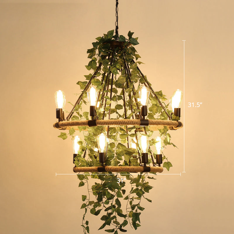 Wagon Wheel Dining Room Hanging Light Farmhouse Metal Chandelier with Plant Decoration