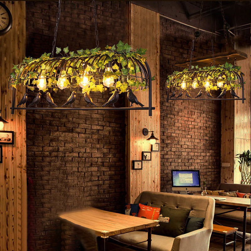 Island Ceiling Light Rural Birdcage Cast Iron Hanging Light Fixture with Bird and Leaf Deco