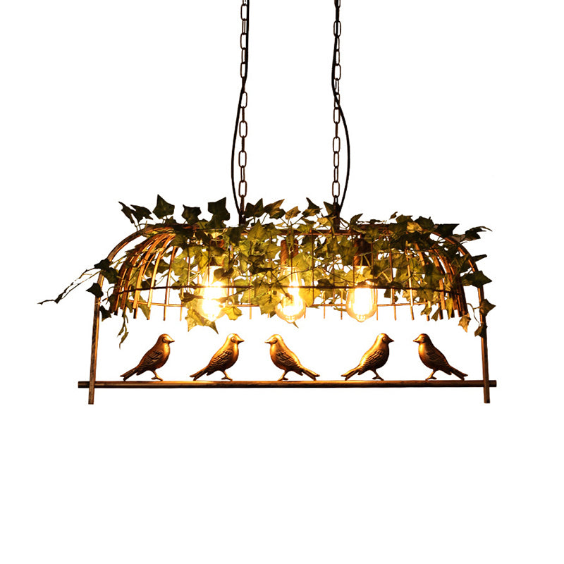 Island Ceiling Light Rural Birdcage Cast Iron Hanging Light Fixture with Bird and Leaf Deco