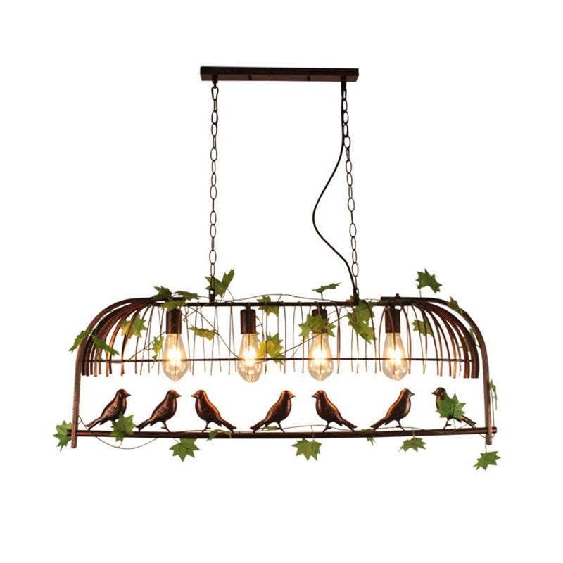 Birdcage Pendant Lighting Rustic Wrought Iron Island Lamp with Vine and Bird Deco for Dining Room