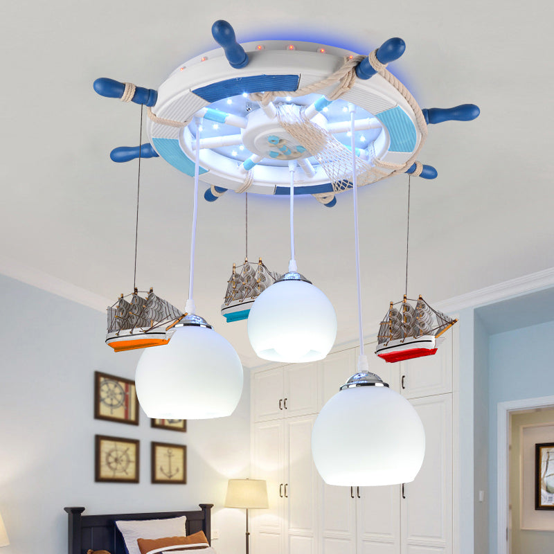 Cream Glass Dome Ceiling Light Cartoon 3 Bulbs White Flush Mounted Light with Rudder Canopy