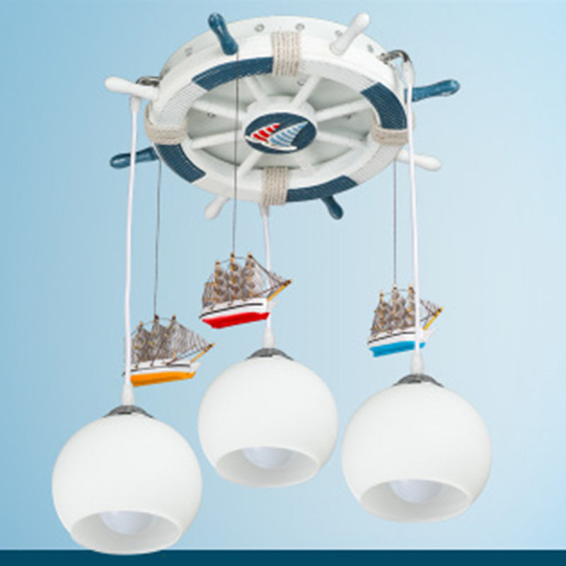 Cream Glass Dome Ceiling Light Cartoon 3 Bulbs White Flush Mounted Light with Rudder Canopy