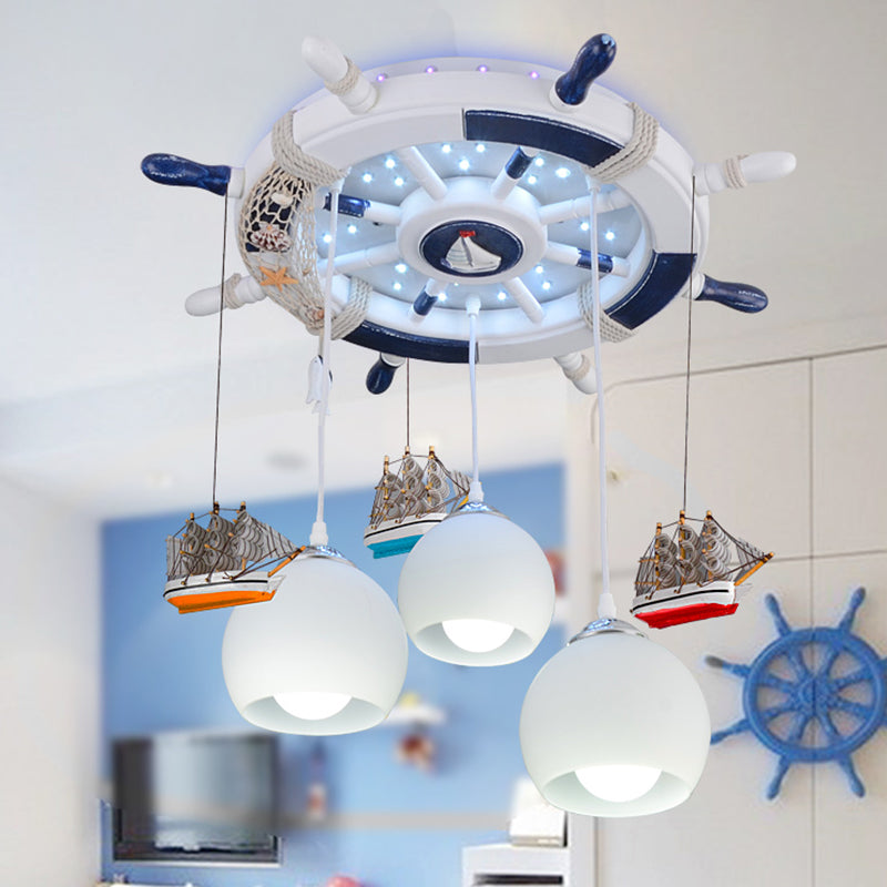 Cream Glass Dome Ceiling Light Cartoon 3 Bulbs White Flush Mounted Light with Rudder Canopy