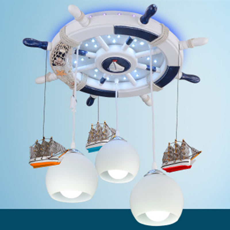 Cream Glass Dome Ceiling Light Cartoon 3 Bulbs White Flush Mounted Light with Rudder Canopy
