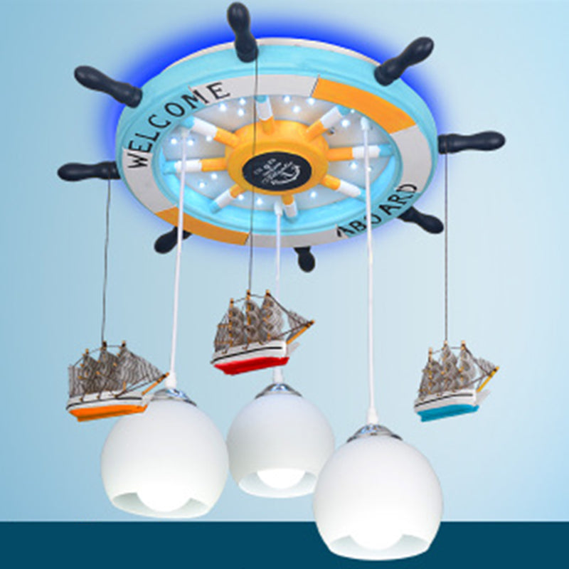 Cream Glass Dome Ceiling Light Cartoon 3 Bulbs White Flush Mounted Light with Rudder Canopy