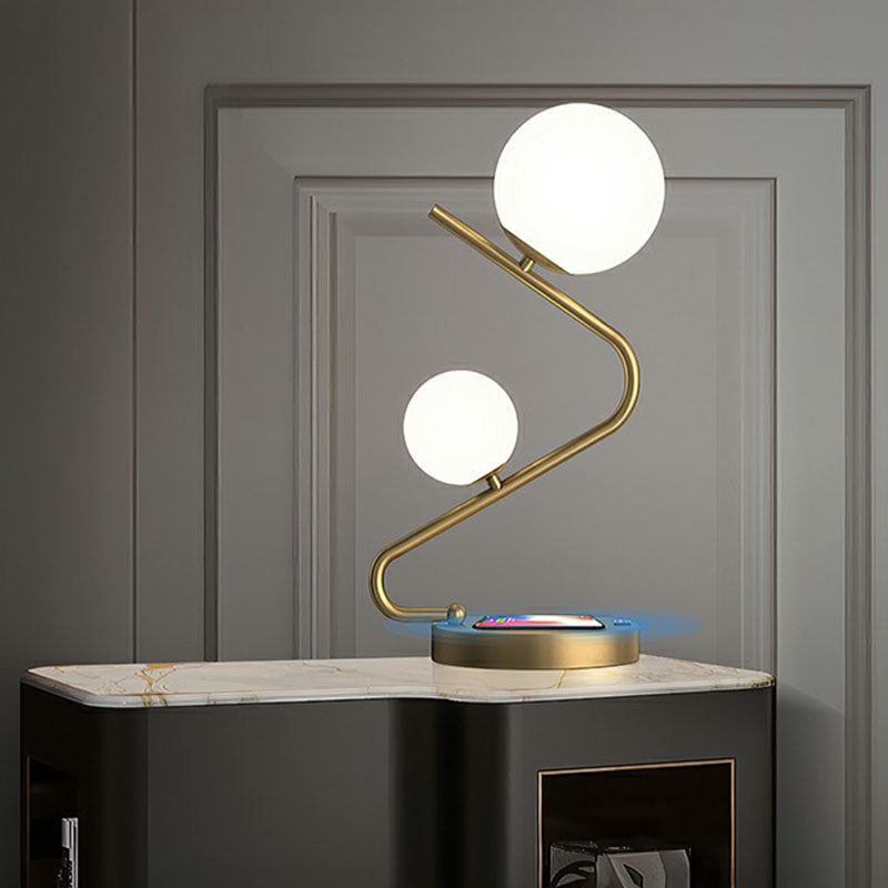 Lampada da comodino a sfera Minimalismo in vetro avorio a 1 luce da tavolo in oro per camera da letto