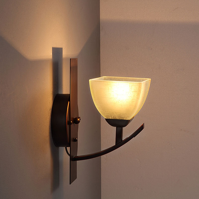 Dome Bedroom Wall Lighting Retro Frosted Glass 1 Light Black Wall Sconce Light with Metal Curvy Arm
