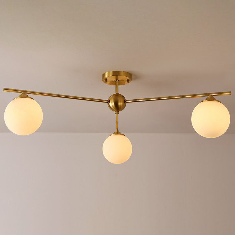 Globe Ceiling Flush Light Simplicity Milk Glass 3-Bulb Antiqued Gold Semi Flush Mount Light