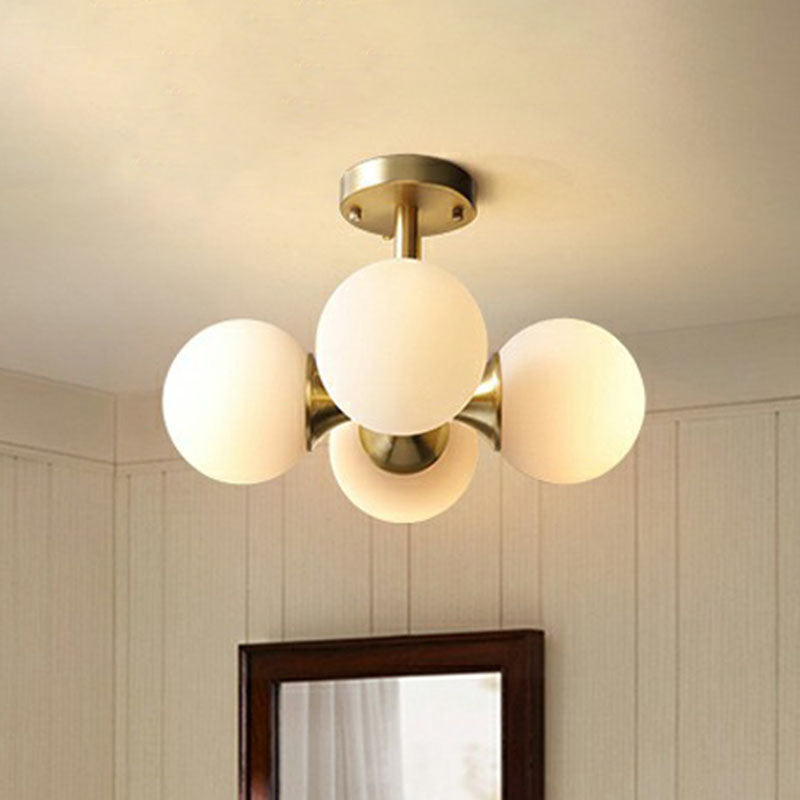 4 Lights Bedroom Ceiling Fixture Minimalist Gold Finish Semi Mount Lighting with Globe Opal Glass Shade