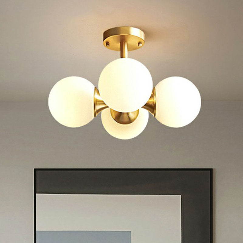 4 Lights Bedroom Ceiling Fixture Minimalist Gold Finish Semi Mount Lighting with Globe Opal Glass Shade