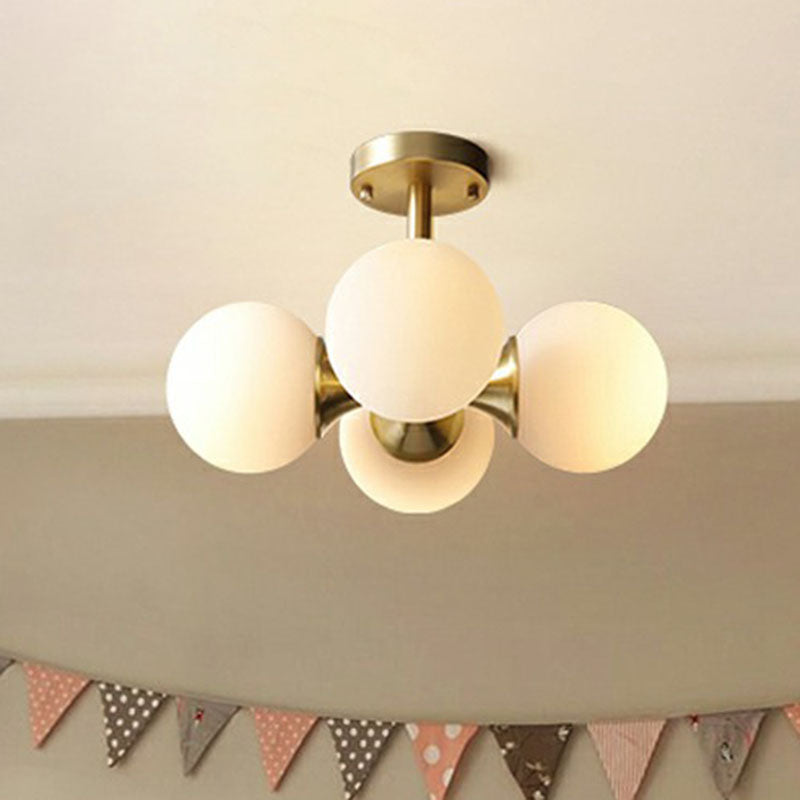 4 Lights Bedroom Ceiling Fixture Minimalist Gold Finish Semi Mount Lighting with Globe Opal Glass Shade