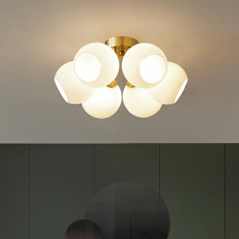 Milky Glass Dome Flush Mounted Light Postmodern Gold Plated Semi-Flush Ceiling Light for Bedroom