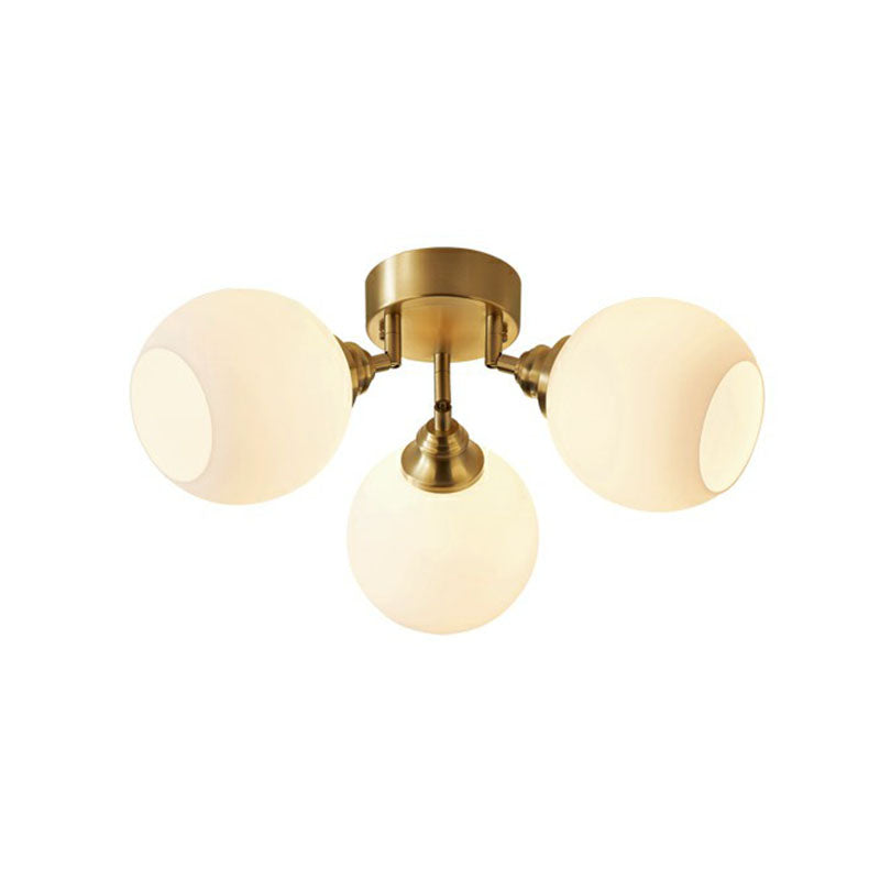 Milky Glass Dome Flush Mounted Light Postmodern Gold Plated Semi-Flush Ceiling Light for Bedroom