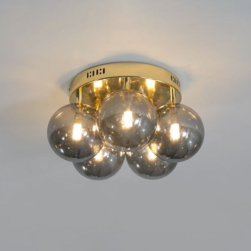 Kugel Rauchgrau -Glas Deckenlampe postmoderne 5 Lichter Gold Finish Halbflush Leuchte