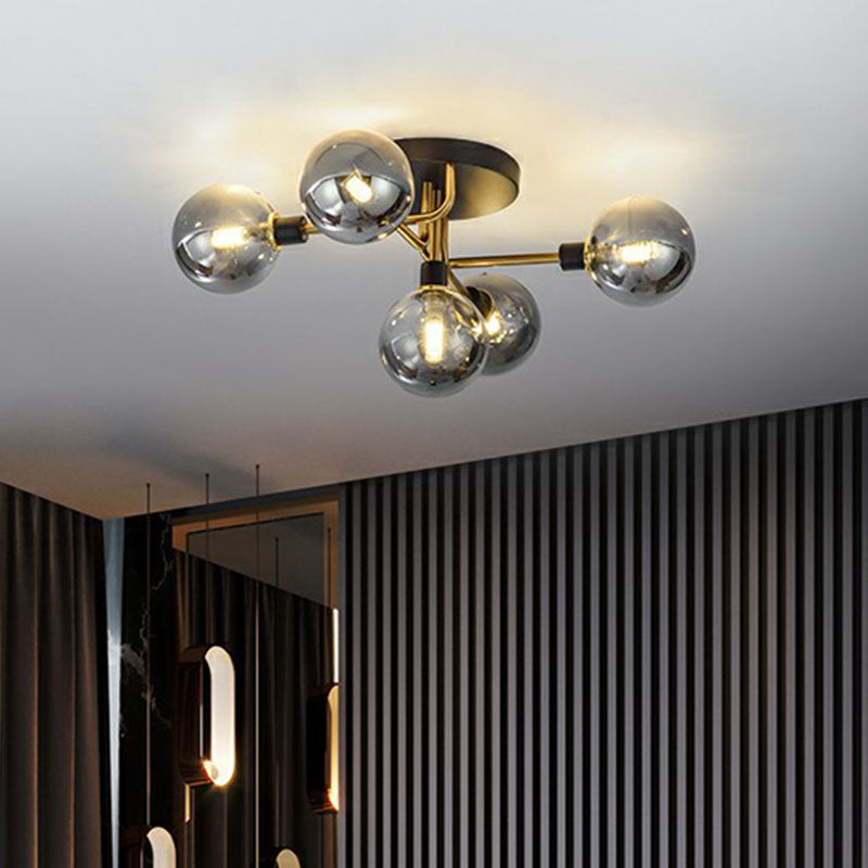 Ball Shaped Bedroom Ceiling Lamp Glass 5-Light Contemporary Semi-Flush Mount Light in Black-Brass