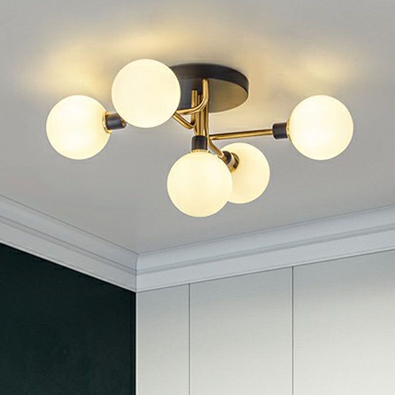 Ball Shaped Bedroom Ceiling Lamp Glass 5-Light Contemporary Semi-Flush Mount Light in Black-Brass