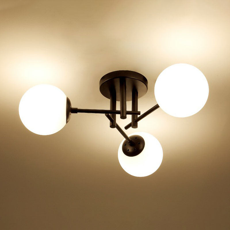 Modern Style Ball Ceiling Flush Light Opaline Glass Living Room Semi Flush Mount Light in Black