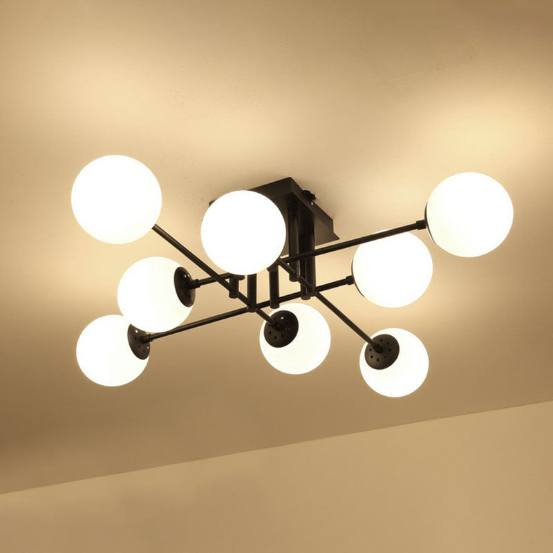 Modern Style Ball Ceiling Flush Light Opaline Glass Living Room Semi Flush Mount Light in Black