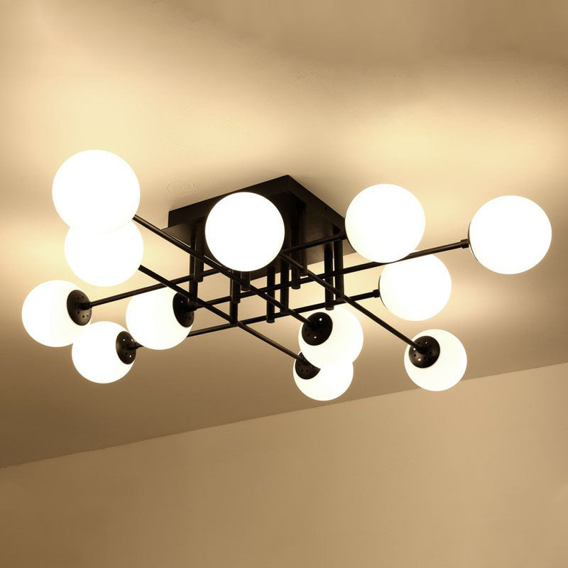 Modern Style Ball Ceiling Flush Light Opaline Glass Living Room Semi Flush Mount Light in Black