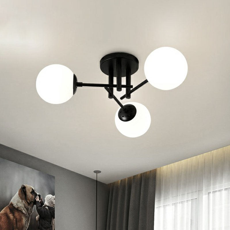 Modern Style Ball Ceiling Flush Light Opaline Glass Living Room Semi Flush Mount Light in Black