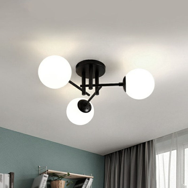 Modern Style Ball Ceiling Flush Light Opaline Glass Living Room Semi Flush Mount Light in Black