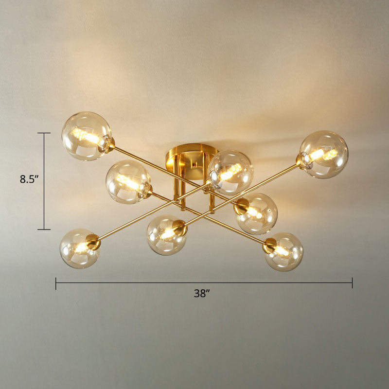 8 Heads Parlor Semi Flush Light Postmodern Ceiling Mounted Fixture with Ball Amber Glass Shade