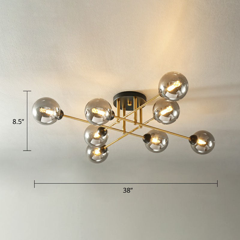 8 Heads Parlor Semi Flush Light Postmodern Ceiling Mounted Fixture with Ball Amber Glass Shade