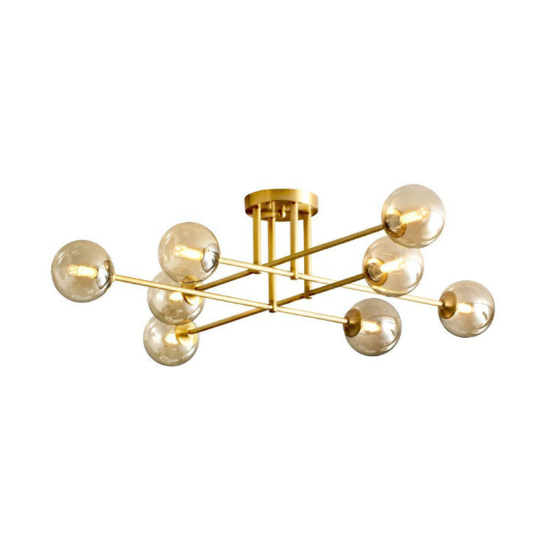 Spherical Dining Room Ceiling Fixture Amber Glass Postmodern Semi Flush Mount Lighting in Gold
