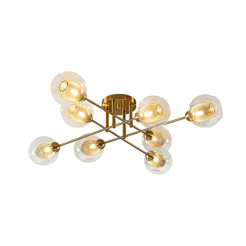 Clear Glass Ball Flush Ceiling Light Postmodern Gold Finish Semi Mount Lighting with Mesh Shade Inside
