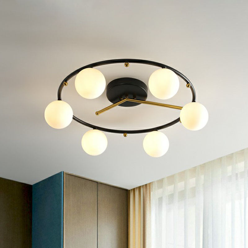Schwarz-Messing-Uhr-Deckenlampe postmoderne kreative 6-Kopf-Kugelglas Halbflush-Leuchte