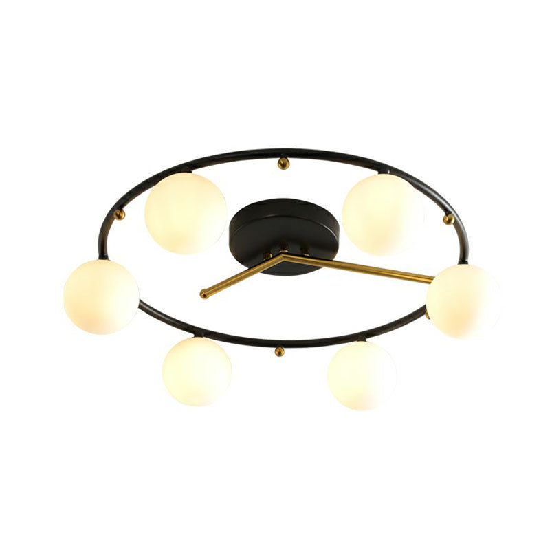Schwarz-Messing-Uhr-Deckenlampe postmoderne kreative 6-Kopf-Kugelglas Halbflush-Leuchte