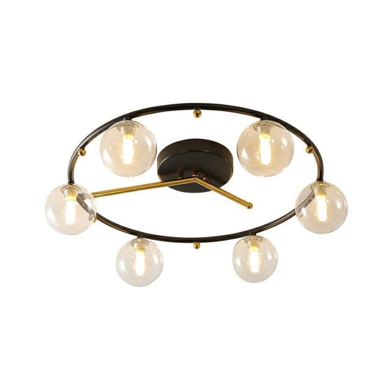 Schwarz-Messing-Uhr-Deckenlampe postmoderne kreative 6-Kopf-Kugelglas Halbflush-Leuchte